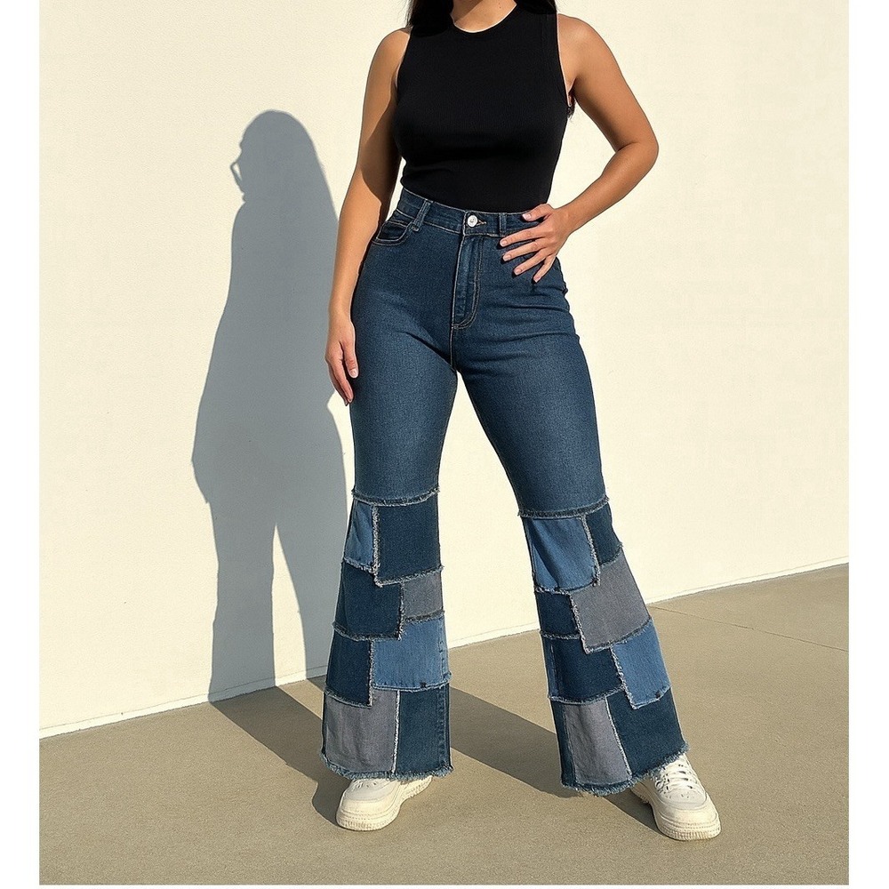Women's Pieced Flare Patchwork Jeans Hippie Boho Festival Y2K Color blocked Sz16